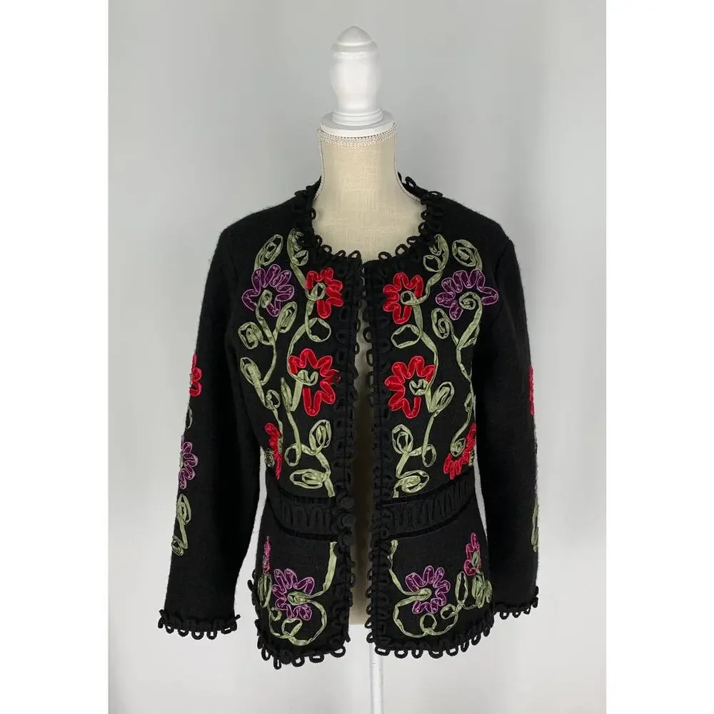 Carson Vintage Wool Floral Ribbon Open Cardigan Sweater Womens Medium Black Red